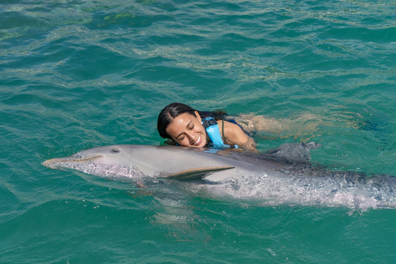 girl swimming with dolphins in cancun